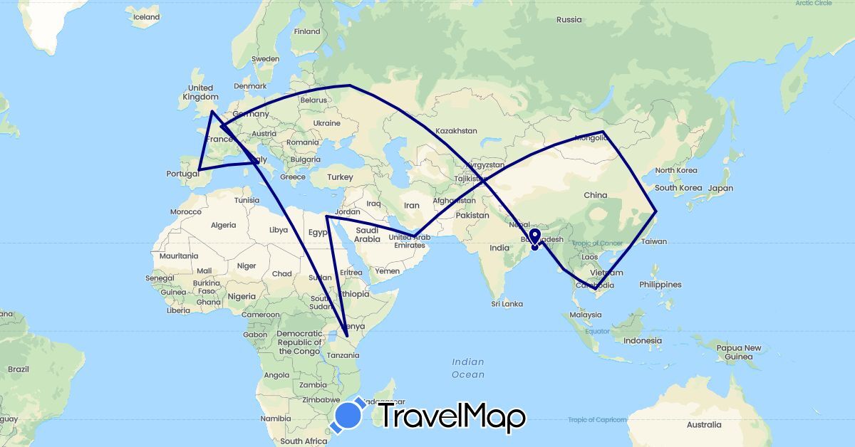 TravelMap itinerary: driving in United Arab Emirates, Bangladesh, China, Egypt, Spain, France, United Kingdom, India, Italy, Kenya, Cambodia, Myanmar (Burma), Mongolia, Russia, Thailand (Africa, Asia, Europe)